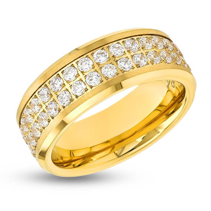 Bague en or jaune pour homme - Bague en diamant CZ - Bague en carbure de tungstène - Bague en or jaune 8mm - Biseautée (Copie) pour la vente par Lucky Love Rings