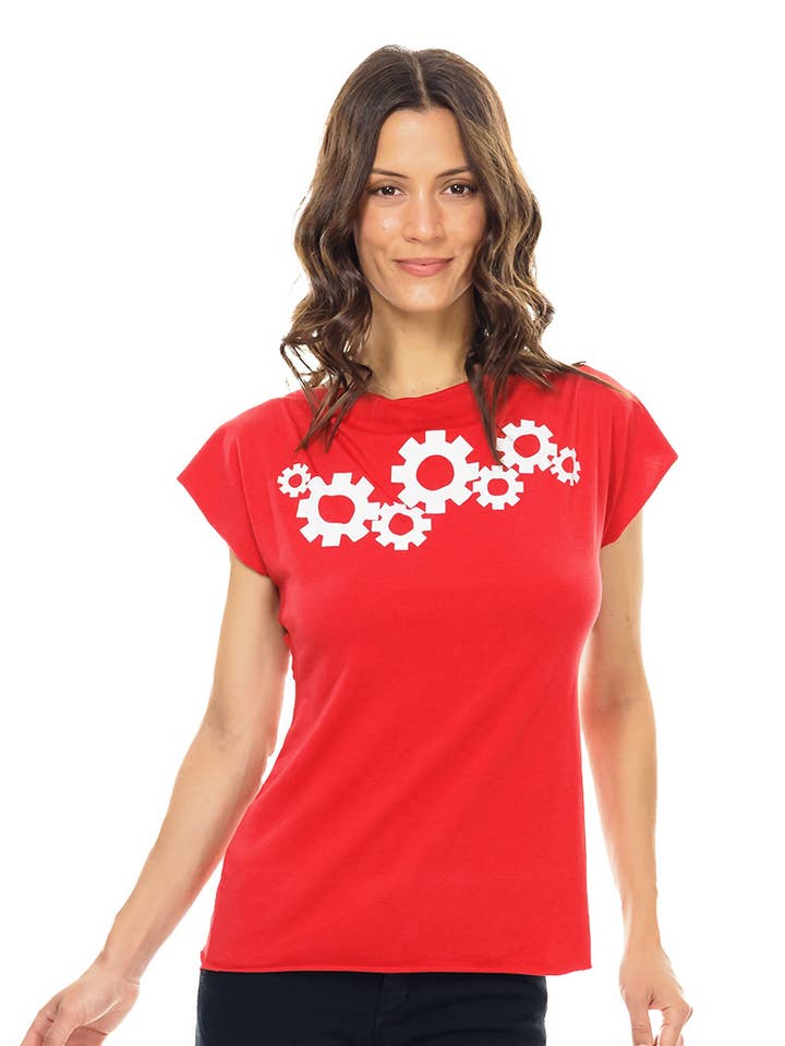 Red and White Gears in Motion Cowl Top for wholesale by Matrushka