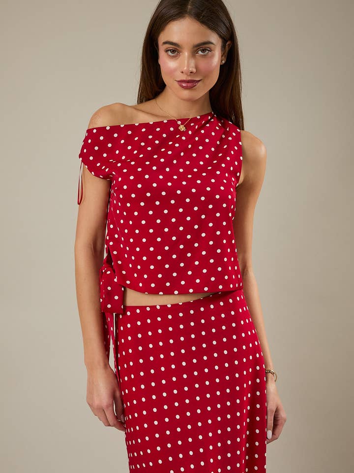 OFF SHOULDER SIDE TIE POLKA DOT TOP for wholesale by Sunday Edition
