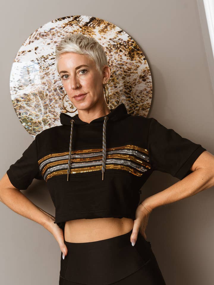 Eclipse Sequin Chest Stripe Short Sleeve Crop Top Hoodie for wholesale by Magic Collective