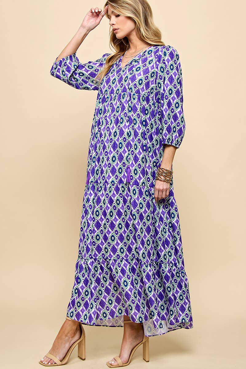 Cezele - Wholesale Dress - Women's - 3/4 Lantern Sleeve Print Boho Maxi Dress13