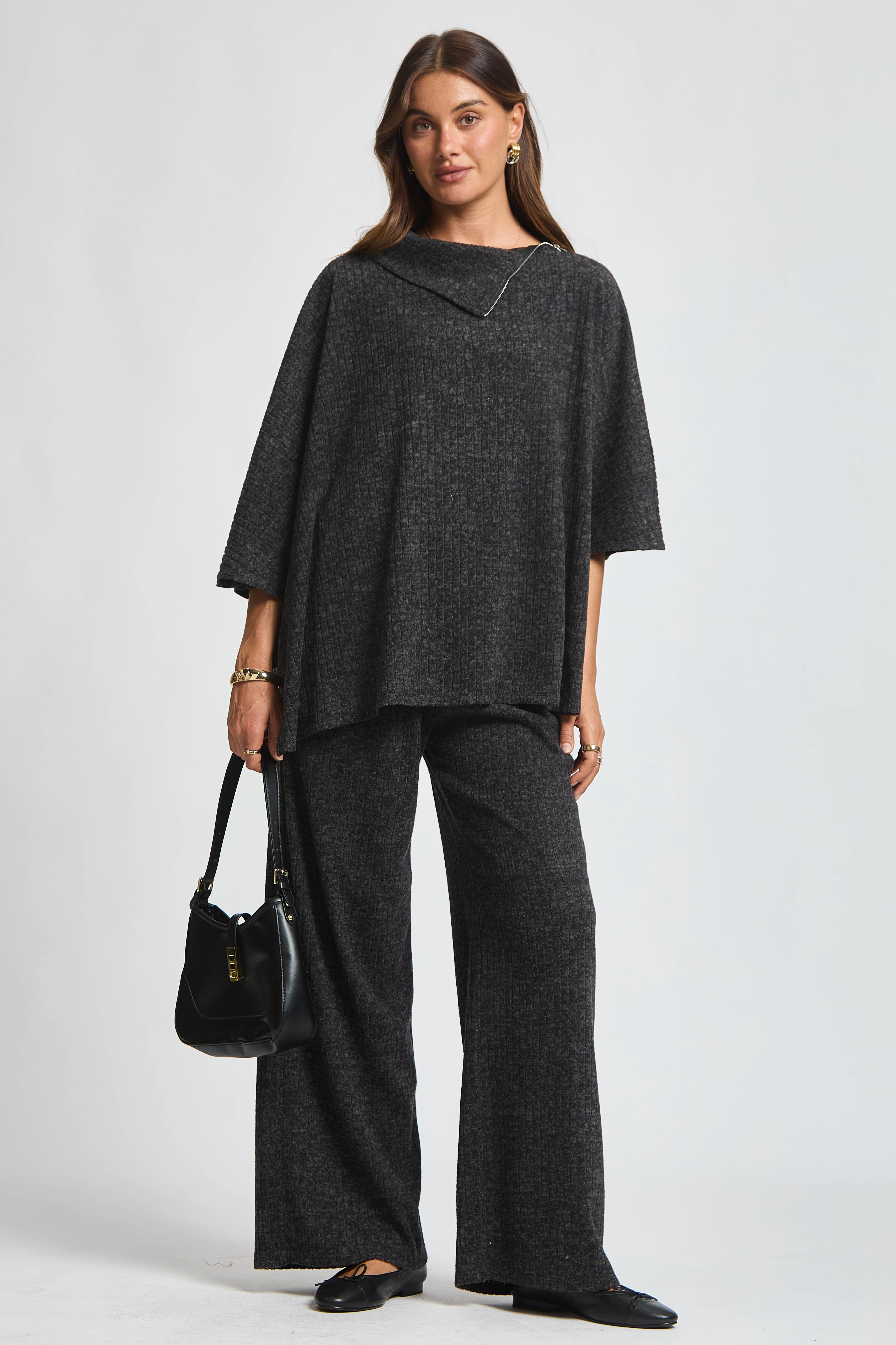 Dear Scarlett - Wholesale Lounge Set - Women's - Brushed Ribbed 2-Piece Poncho & Pant Set2