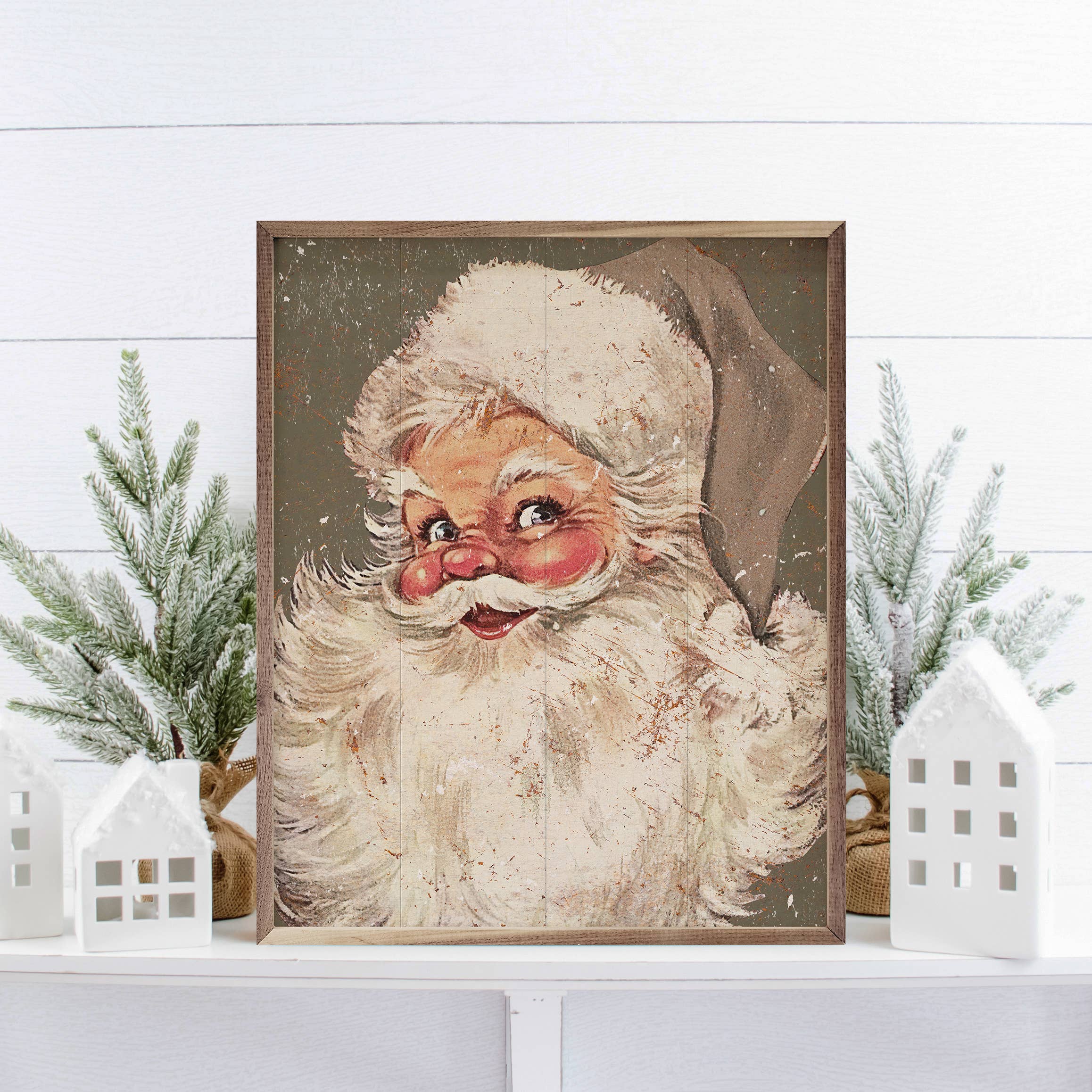 Kendrick Home - Wholesale Christmas Wall Art - Santa Gray Hat Distressed Green1