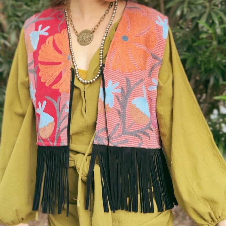 Wylder Trading Company - Wholesale Outerwear Vest - Women's - Boho Western Artisan Fringe Vests | Kantha Suzani Textile12