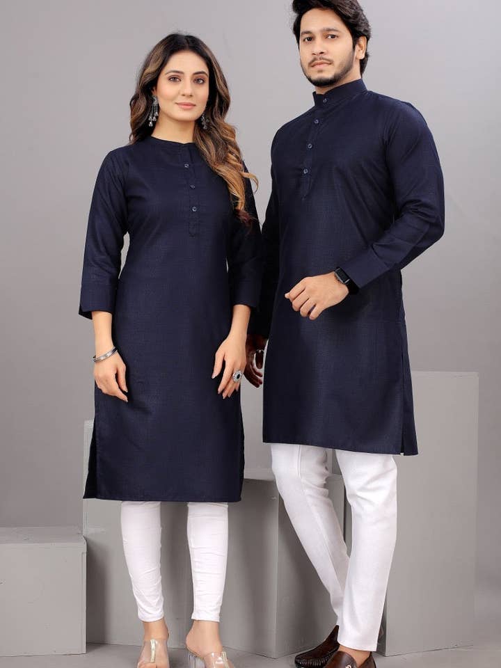 Pure Cotton Dark Blue Couple Kurta Set for wholesale by STYLE INSTANT