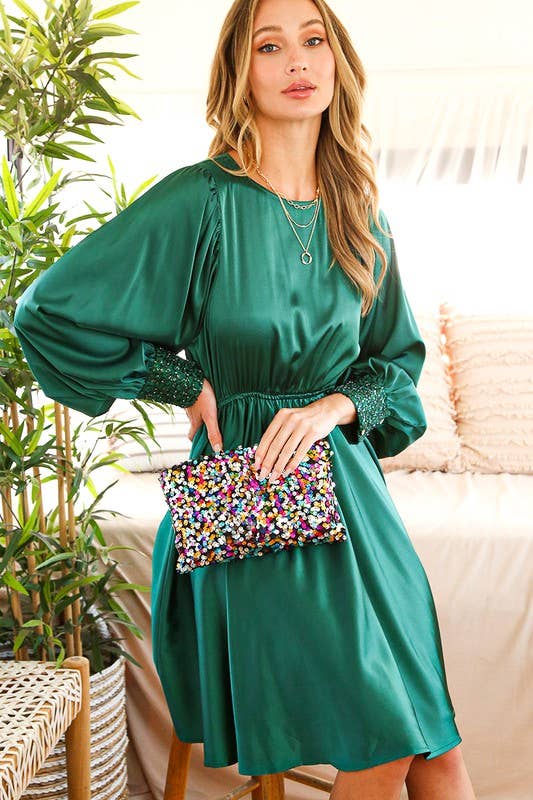 Vine & Love - Wholesale Dress - Women's - Sequin Detail Swing Satin Knee Dress VD812859