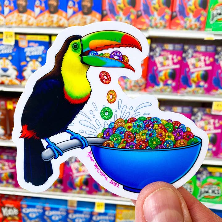 Ryan McCulloch Art - Wholesale Sticker - GLITTER STICKER: Fruit loops Early Bird Breakfast Toucan