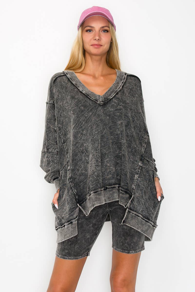 Black MineralWashed Boho Oversized Vneck Sweatshirts HT4173 for wholesale on Faire3