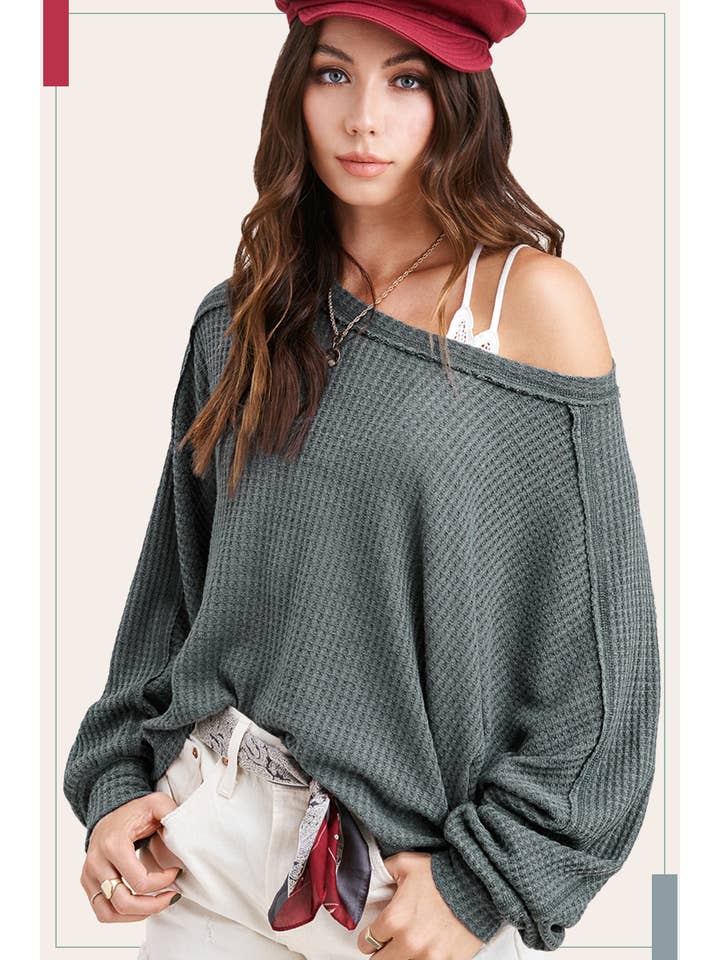 La Miel - Wholesale Knit Top - Women's - HAT7565-Brushed Waffle Fabric Loose Fit Long Sleeve Top10