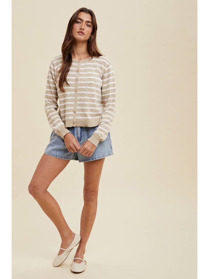 TAUPE WHITE LIGHTWEIGHT STRIPED BUTTON UP CARDIGAN / WL24-9575 for wholesale on Faire