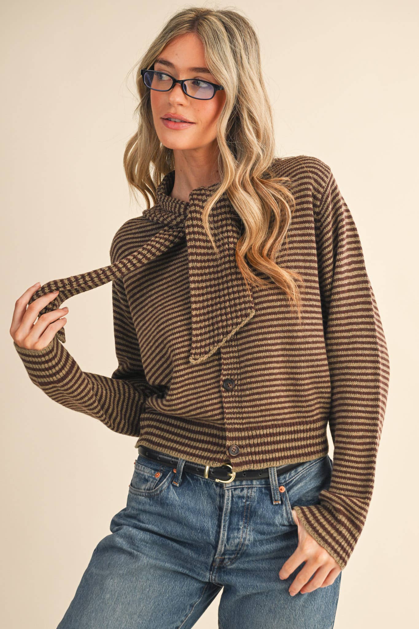 &MERCI - Wholesale Knit Sweater - Women's - STRIPED TYING NECK SWEATER CARDIGAN MSW1112539
