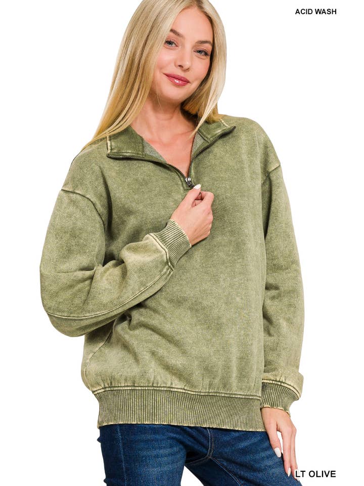 42POPS - Wholesale Sweatshirt - Women's - ,..0810 Acid Wash Fleece Half Zip Pullover SI-26748