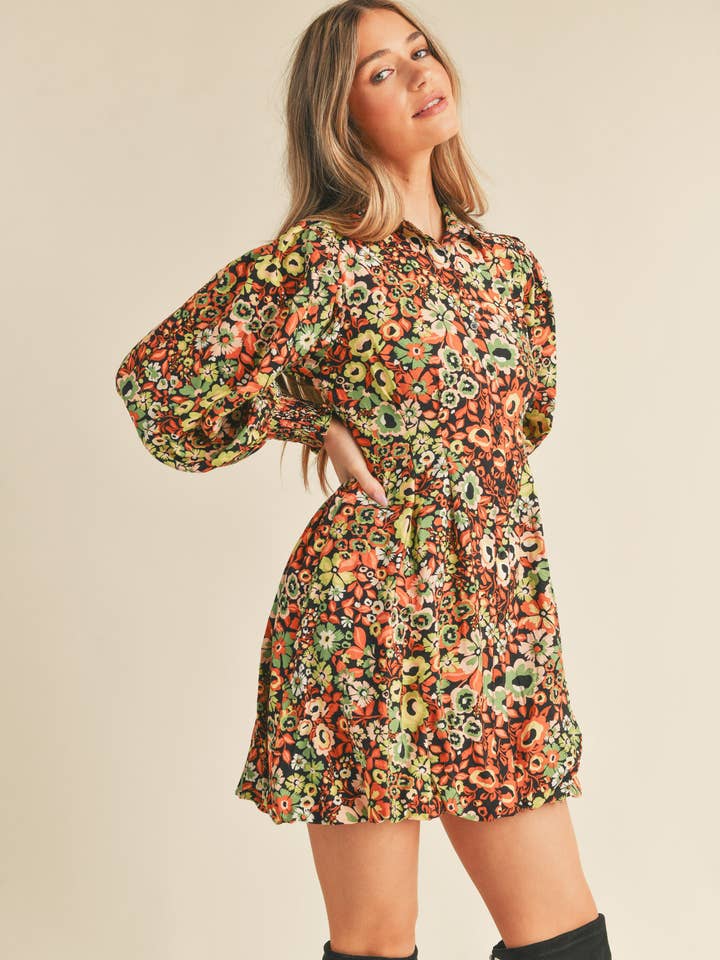 EXCLUSIVE FLORAL PRINT BUTTON DOWN MINI DRESS MDR2640 for wholesale by &MERCI