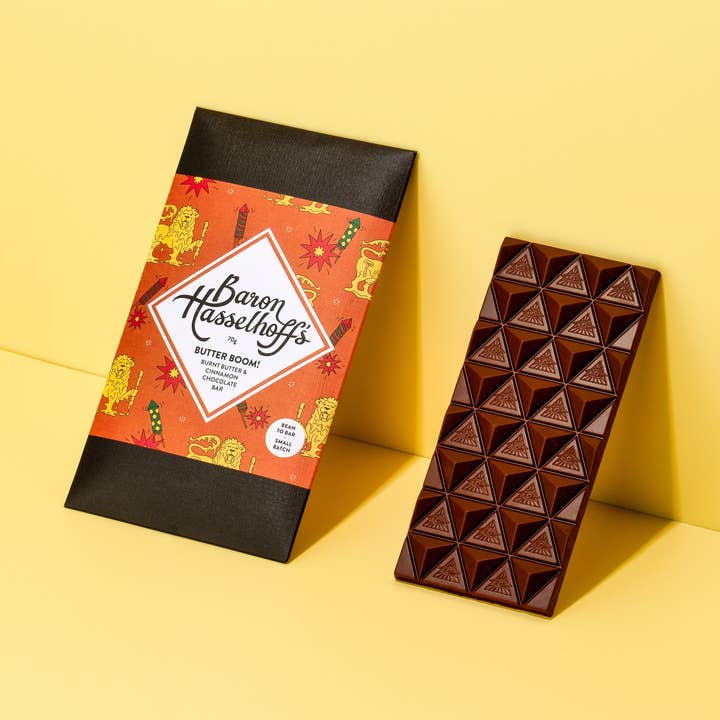 Butter Boom! Burnt Butter & Cinnamon Craft Chocolate Bar for wholesale by Baron Hasselhoff's