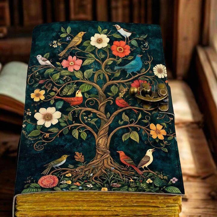 Grimorio diario de cuero - Libro en blanco con impresión de pájaro y árbol para venta al por mayor de MNM HANDICRAFTS