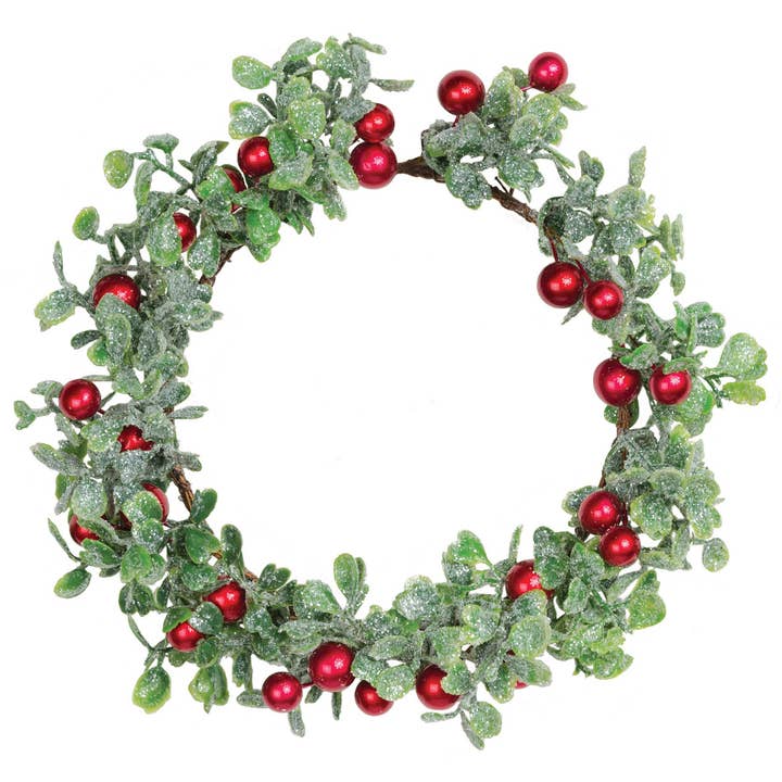 A37151: Faux glit boxwd candle ring,red berries,4.5in for wholesale by Silver Tree Home & Holiday