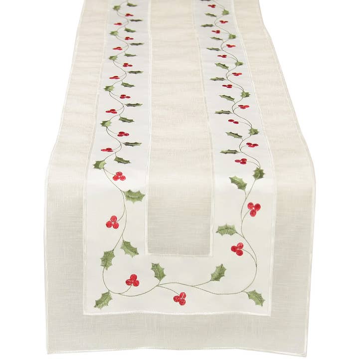 Classic Holly Embroidered Christmas Table Runner for wholesale by Xia Home Fashions & Manor Luxe
