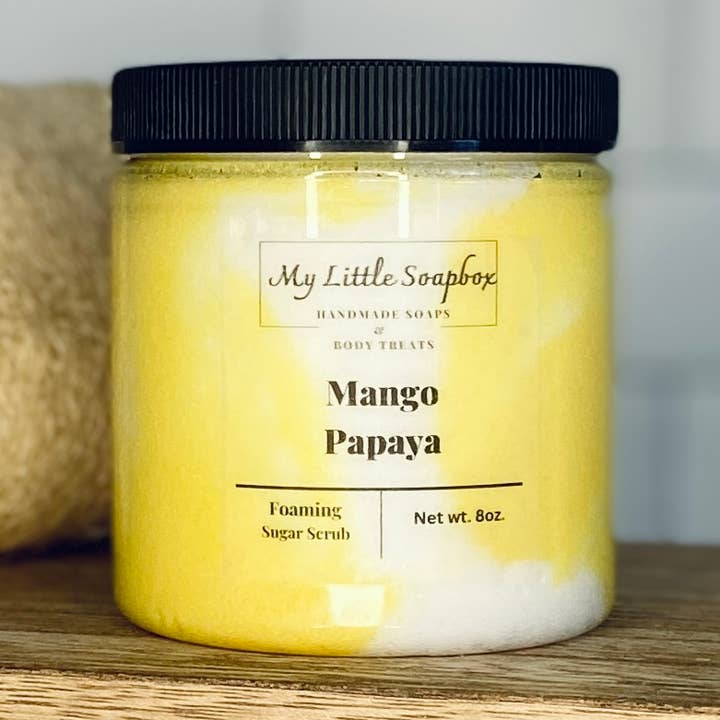 8oz Mango Papaya Foaming Sugar Scrub for wholesale by My Little Soapbox