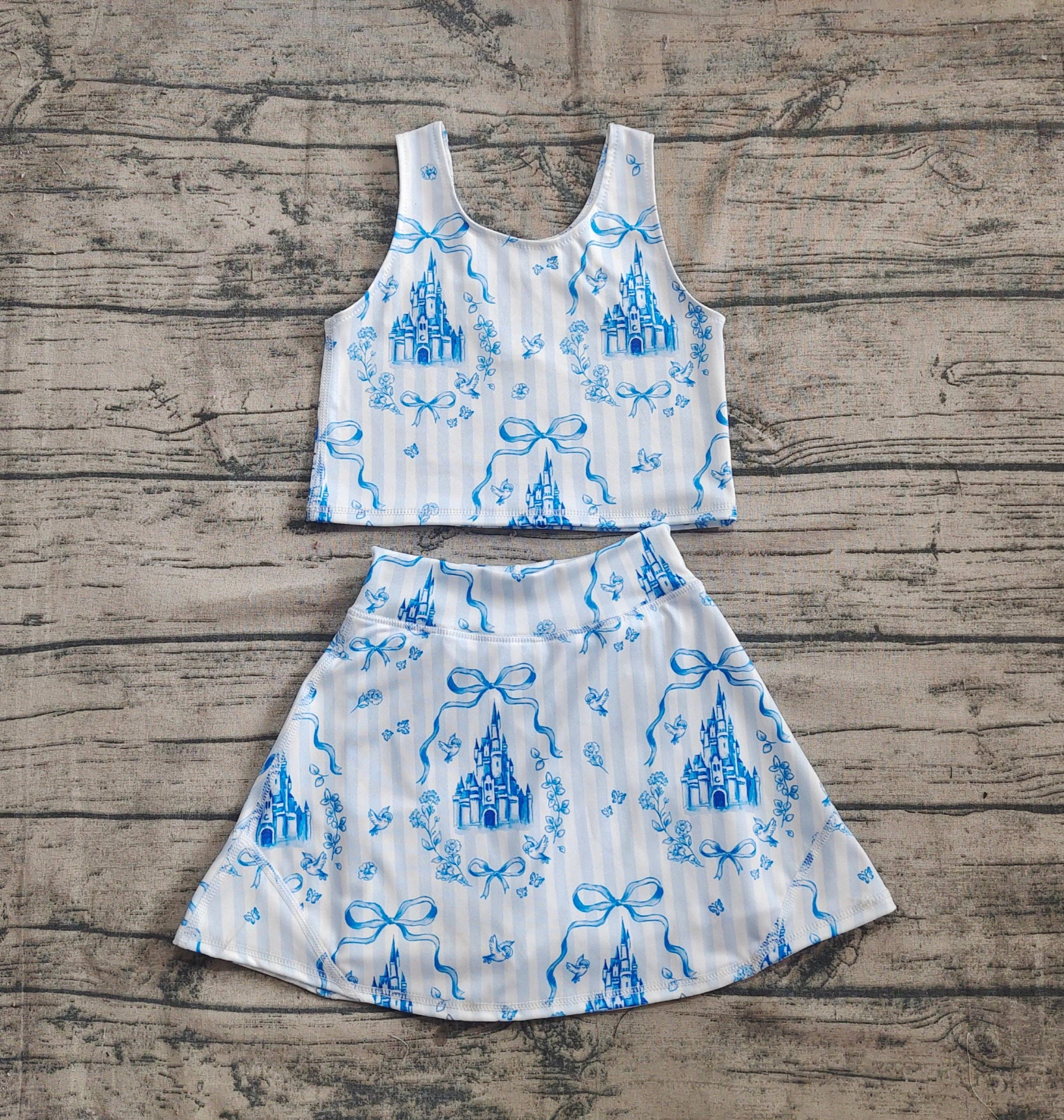 Aier Wholesale - Wholesale Top & Short Set - Kids - Baby Girls Blue Castles Athletic Active Wear Top Shorts Skirts Outfits2