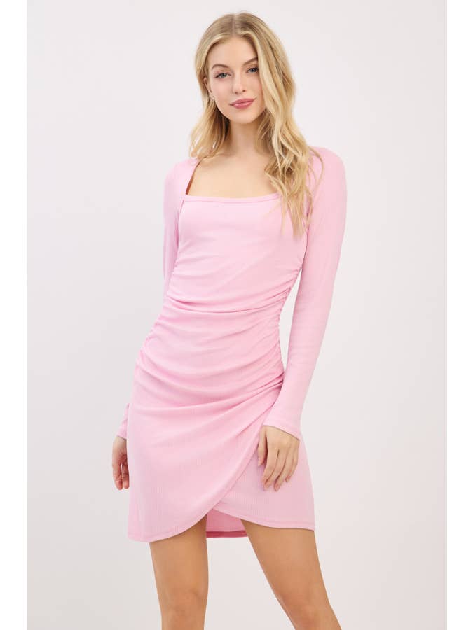 Heart & Hips - Wholesale Dress - Women's - RD54465LB - SQUARE NECK ALLOVER RUCHED LS OVERLAP-SKIRT DRES12