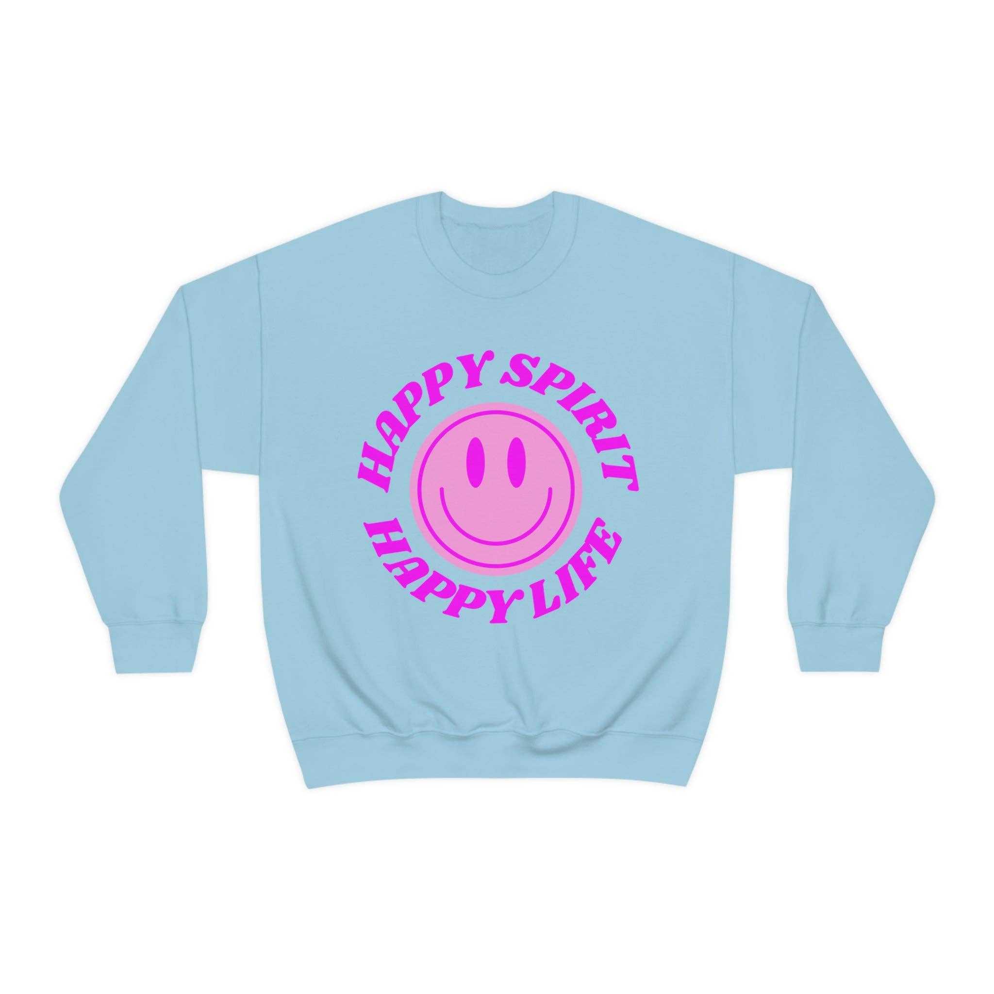 Happy Life Stuff - Wholesale Graphic Sweatshirt - Women's - Happy Spirit Happy Life Sweatshirt, VSCO Girl Crewneck, Oversized Retro Font Graphic Tumblr, Front Print Smile Face Trendy Cover Up2
