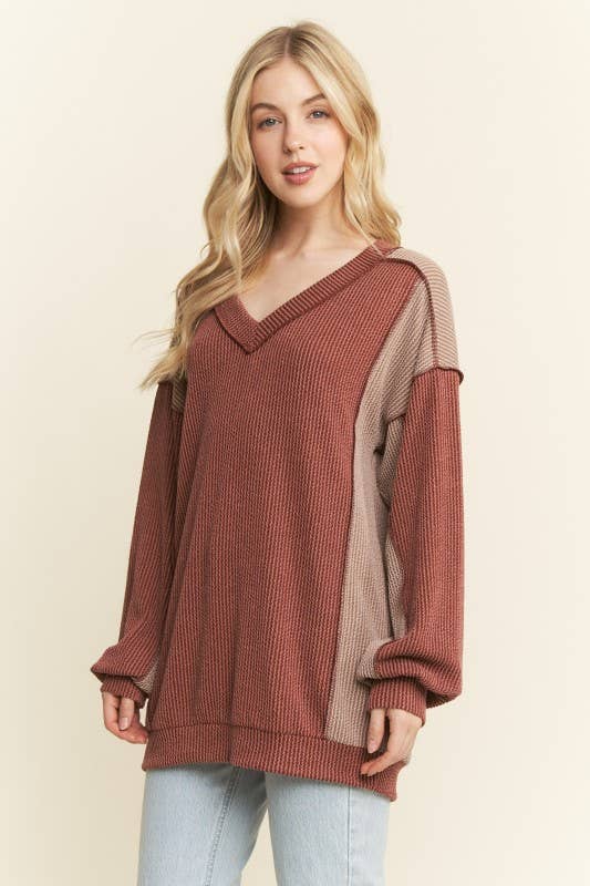 HEIMISH - Wholesale Knit Top - Women's - ET7741-10 LONG SLEEVE SOLID URBAN RIB COLOR BLOCK KNIT TOP3