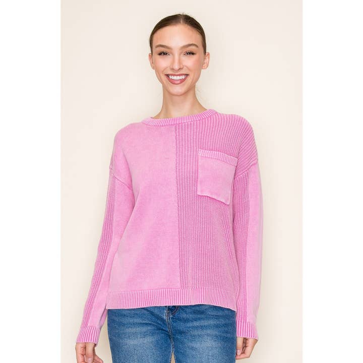 STACCATO - Wholesale Knit Sweater - Women's - TEXTURED DETAIL CHEST POCKET CREW NECK LONG SLEEVE PULLOVER