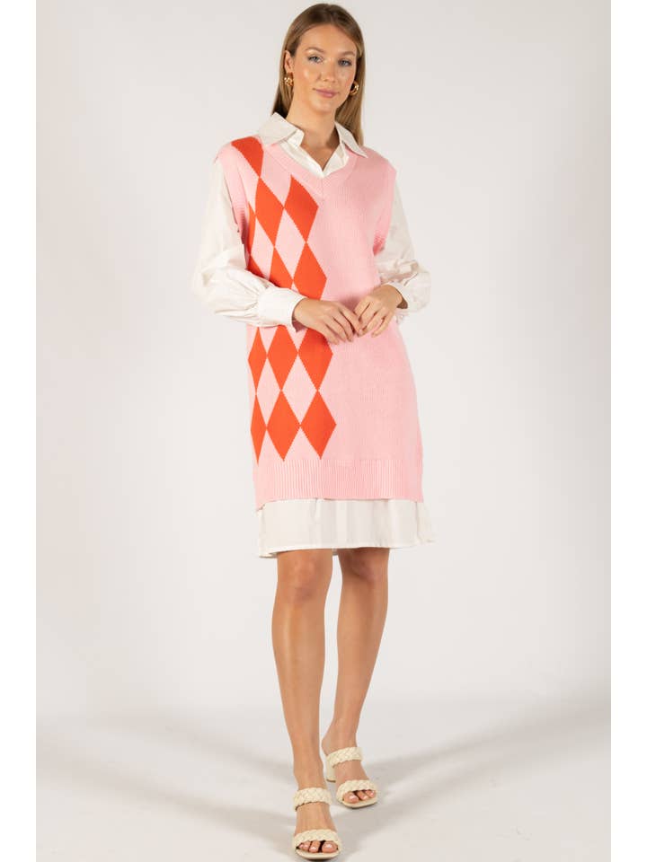 Before You Collection - Wholesale Dress - Women's - Argyle Print Sweater Dress with Poplin Contrast4