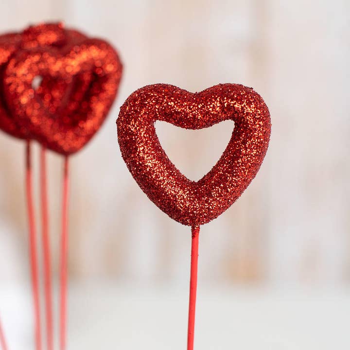 Factory Direct Craft - Wholesale Artificial Flowers - 8" Red Glitter Valentine Heart Picks (Pack of 7 Picks)1