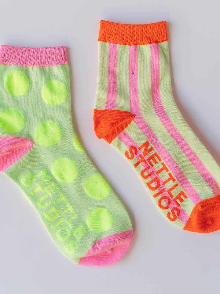 Nettle Studios - Wholesale Socks - Women's - Women’s Spring Novelty Cotton Neon Yellow Dot Ankle Socks4