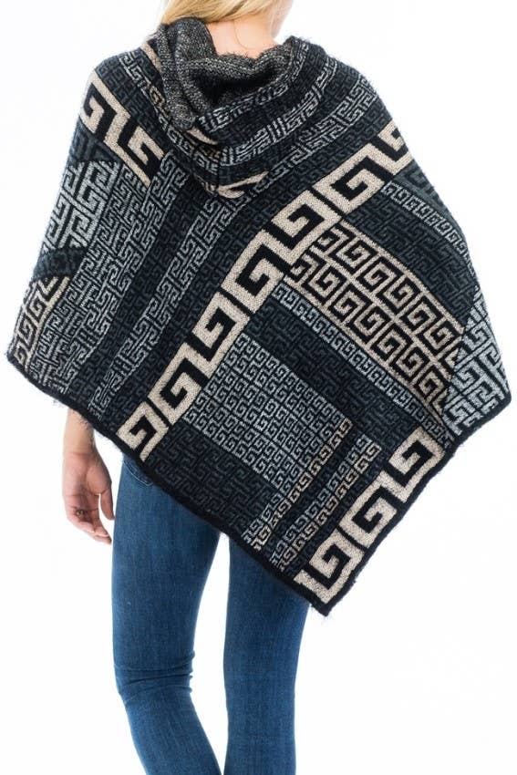 Cap Zone - Vente Poncho – femme - Poncho à capuche en faux angora Greek Key15