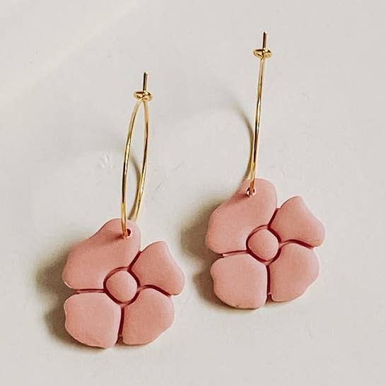 Dusty Pink Poppy Hoops for wholesale by Happily Handmade Clay