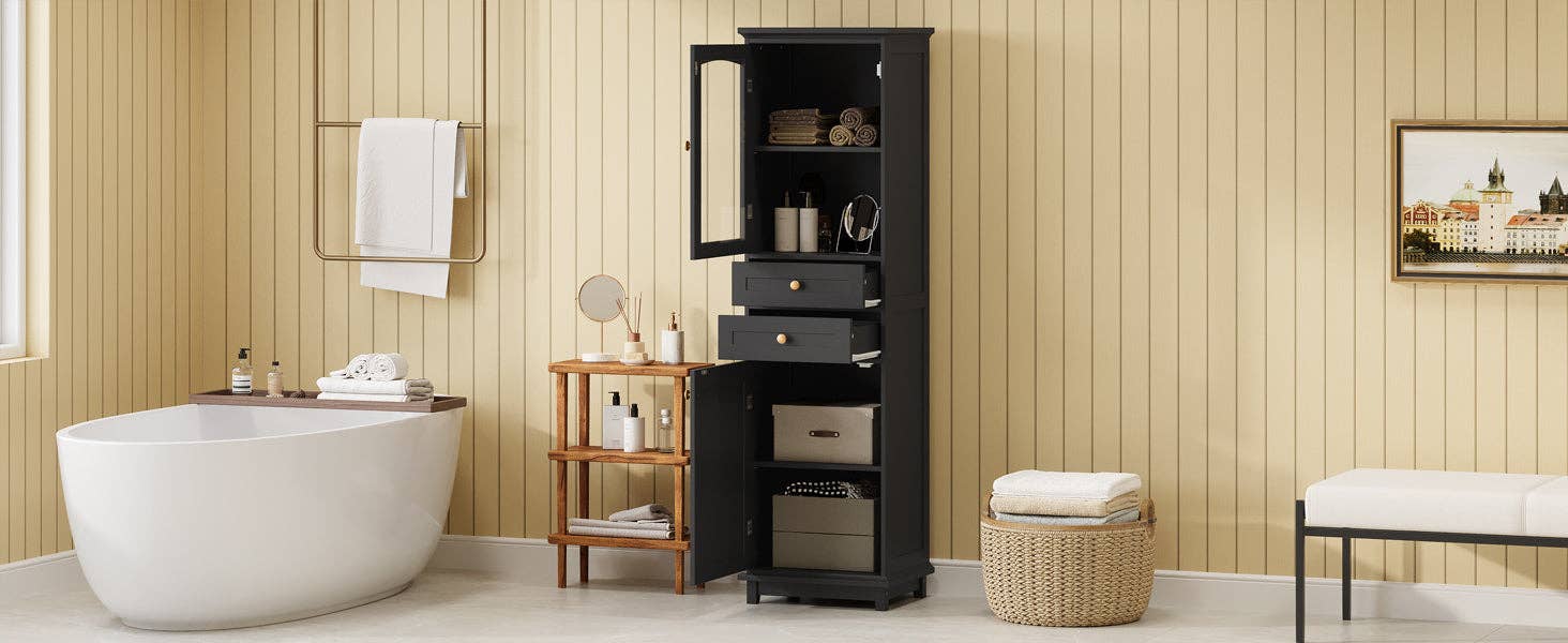 Orange County Decor - Wholesale Cabinet - 63" Tall Bathroom Storage Cabinet With Glass Doors, Free Standing, Two Drawers, And Adjustable Shelves, Mdf Board, Painted Black Perfect For Displaying Your Favorite Items 2 Black 2 4 Adjustable22