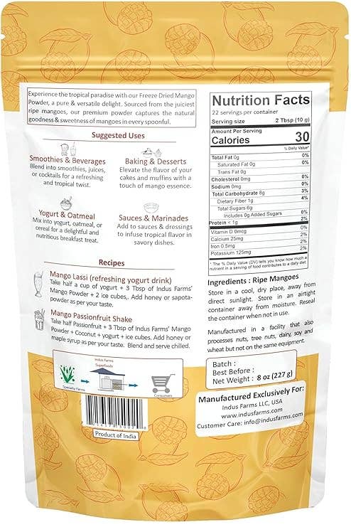 Indus Farms Superfoods - Venta al por mayor Proteínas y superalimentos en polvo - Indus Farms Superfoods Polvo de Mango Liofilizado Puro5