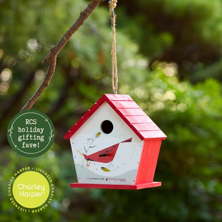 Charley Harper Cardinal Wooden Birdhouse - 1.25" opening for wholesale by RCS Gifts