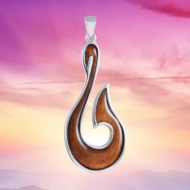 Hawaiian X-Large Genuine Koa Wood Fish Hook Pendant, Sterling Silver Fish Hook Pendant, N8862 Birthday Mother Gift for wholesale by Paradise Treasures Jewelry