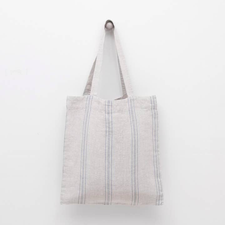 Borsa Tote in Lino Rustico a Righe Larghe Grigio Blu per la vendita all'ingrosso da parte di Linen Tales (We cover U.S. import duties)