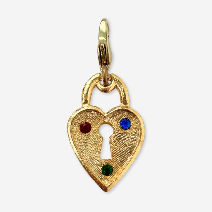 Lulu’s Petals - Wholesale Individual Charm/Pendant - Vintage gold tone heart lock charm with multicolor rhinestones