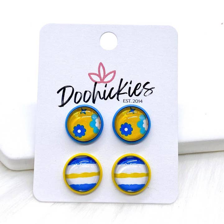 12mm Blue/Yellow Flowers & Lines in Light Blue/Yellow Settings -Earrings for wholesale by Doohickies