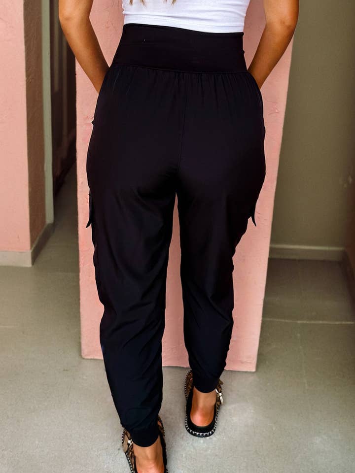 Black Elastic High Waist Pocketed Cargo Jogger Pants for wholesale on Faire1