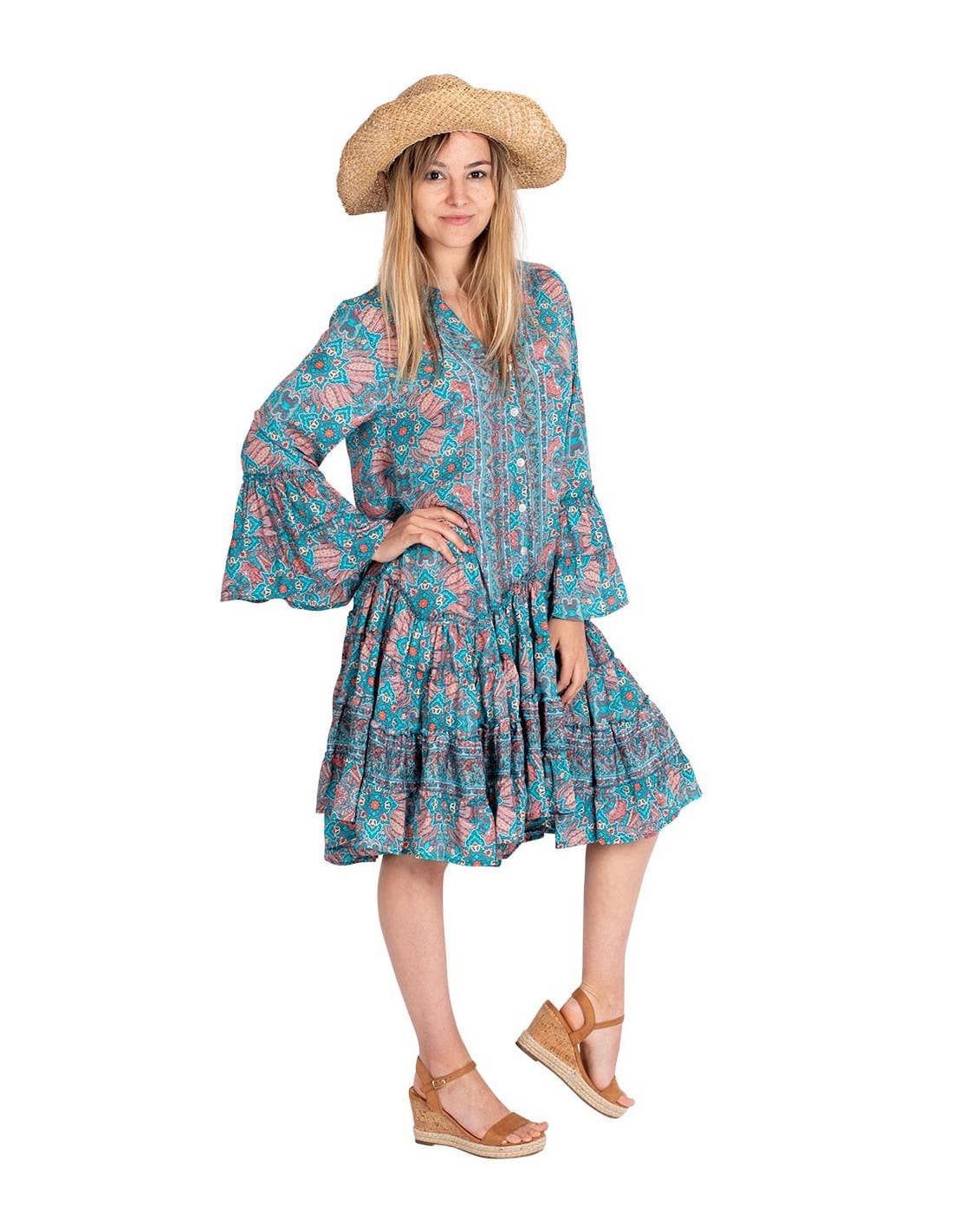 Türkis Boho-Kleid mit kurzen Ärmeln und A-Linie für den Großhandel auf Faire3