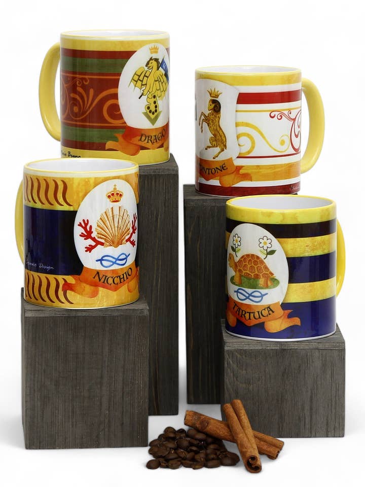 PALIO DI SIENA: Tasse mit Porzellandruck, 4er-Set, Set: NICCHIO+DRAGO+MONTONE+TARTUCA für den Großhandel von SublimArt
