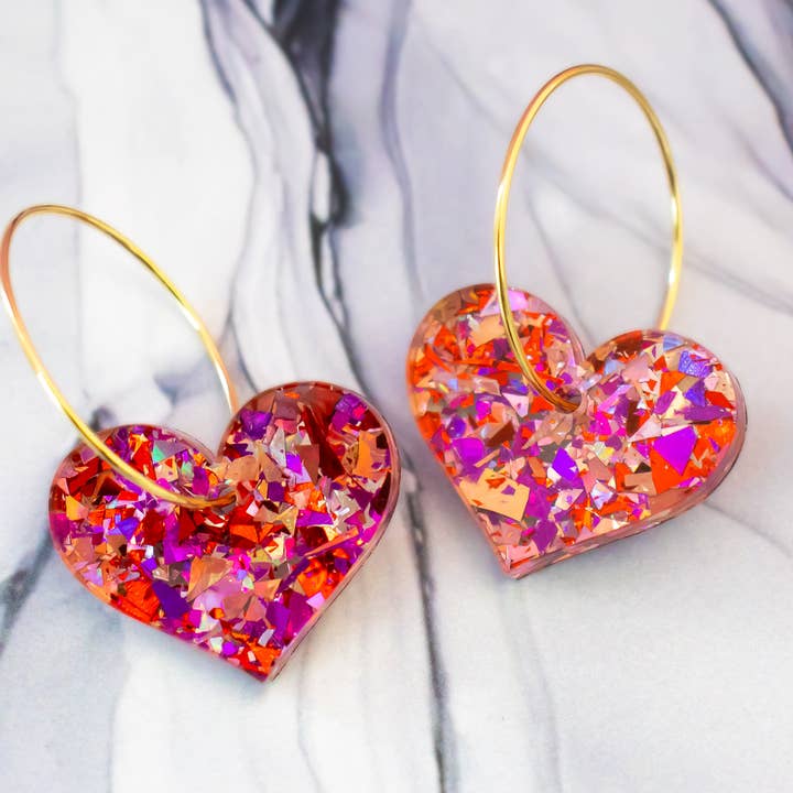 Glitter Red Heart Hoop Earrings, Valentine's Earrings for wholesale by Momenti di Vita