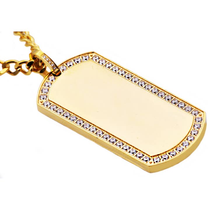Men's Gold Stainless Steel Dog Tag Pendant With Cubic Zirconia for wholesale by Blackjack Mens Jewelry