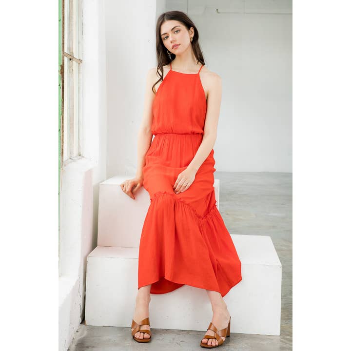 Rød ærmeløs kjole med halterneck og løs pasform for engroshandel hos THML
