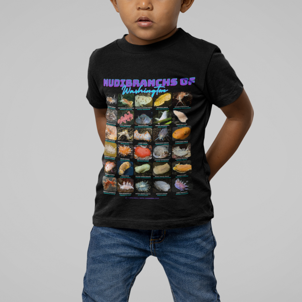 I LOVE NUDIS - Wholesale Screen Printed T-Shirt - Kids - I LOVE NUDIS™ Nudibranchs of Washington Black Kids Softstyle Tee with Photos & Common/Scientific Names6