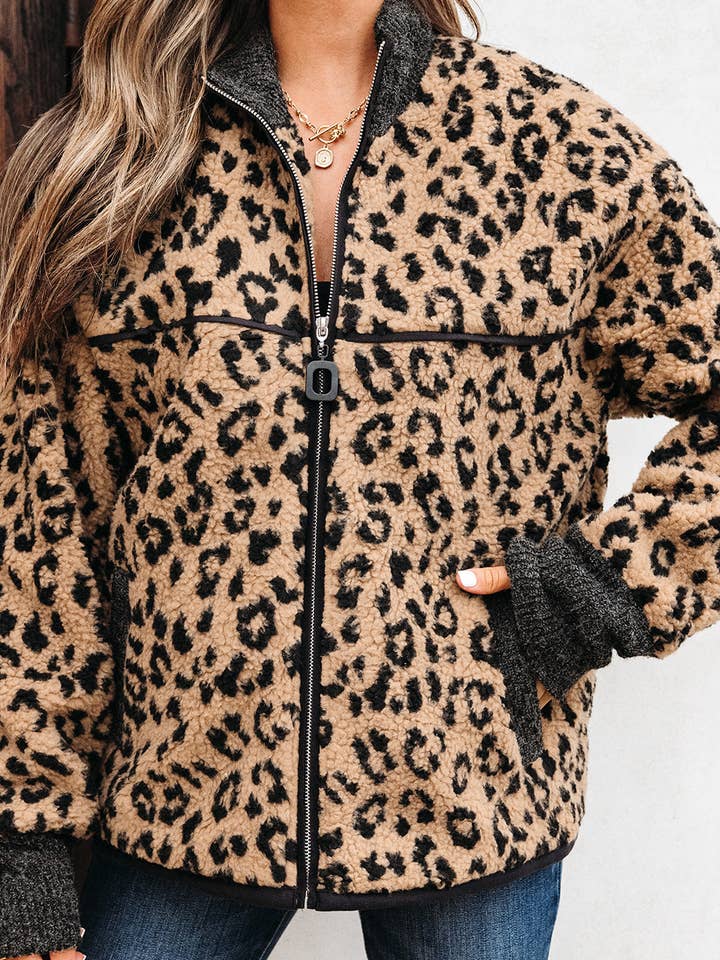 Leopard Zip-Up Stand Neck Side Pocket Jacket for wholesale by PRETTY BASH