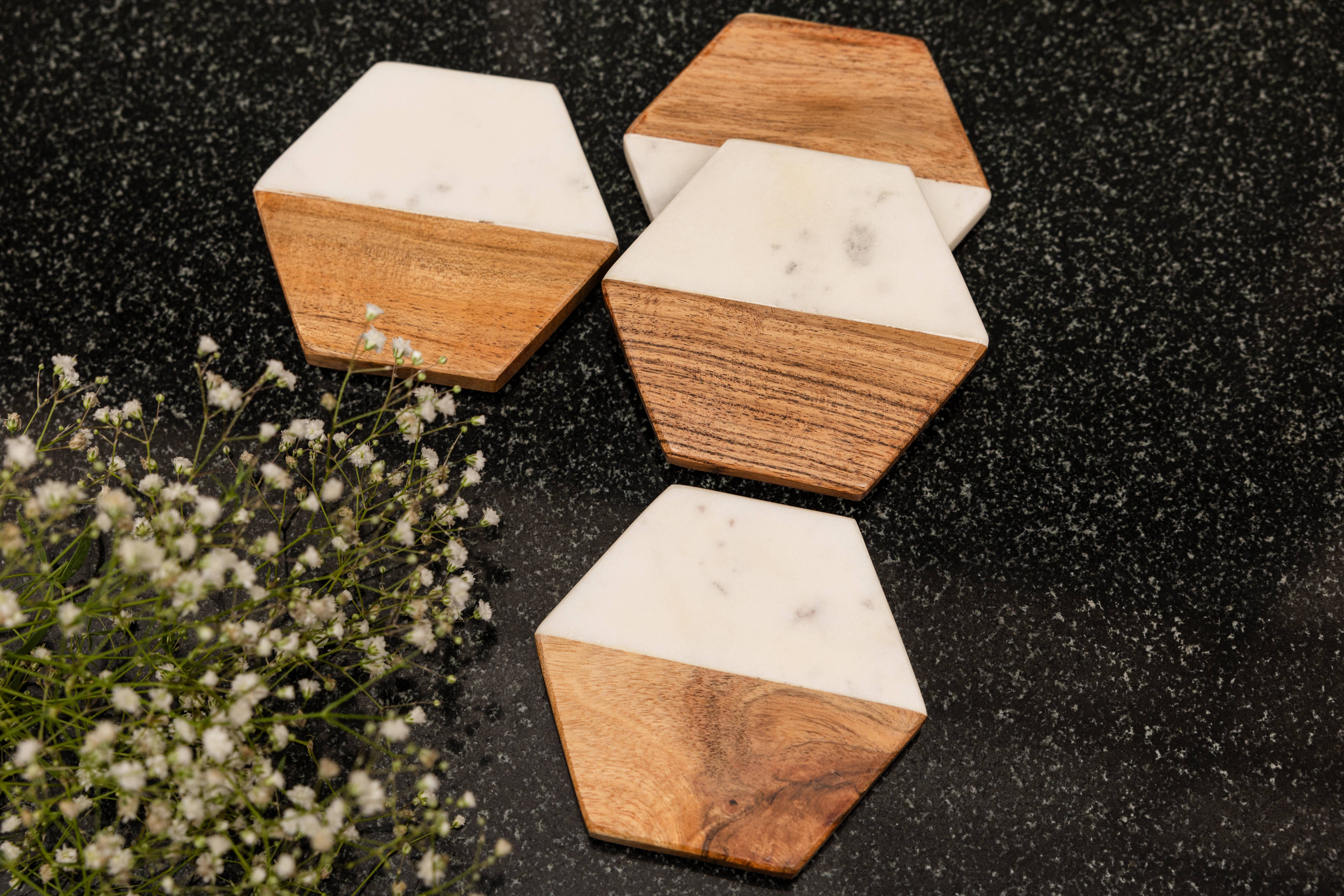 LuxeDesigns Co LLC - Wholesale Coasters - Artisan Marble and Wood Hexagon Coaster Set of 4 - White1