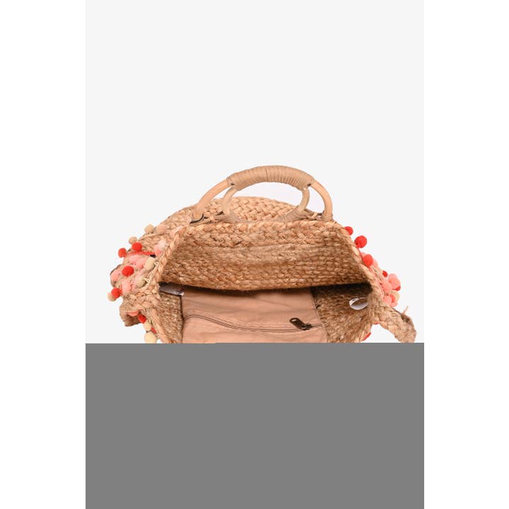 America & Beyond - Wholesale Tote Bag - Women's - Coral Pompom Fiesta Jute Handheld Tote