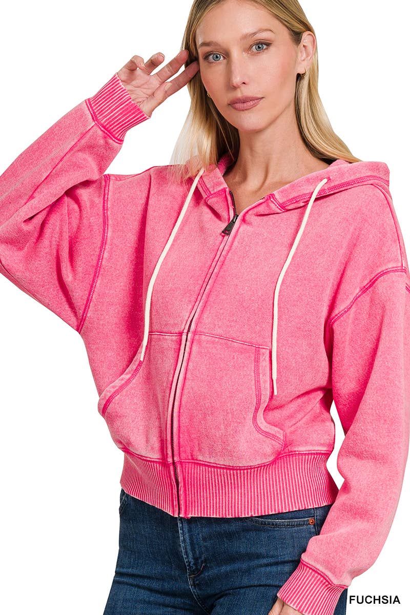 42POPS - Vente Sweat à capuche – femme - ..SI-25313 Sweat à capuche zippé court en molleton délavé à l'acide2